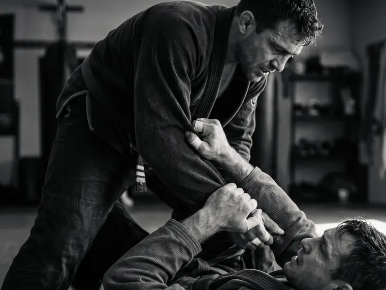 Dois praticantes de jiu-jitsu em treino de solo no tatame, em disputa de pegada